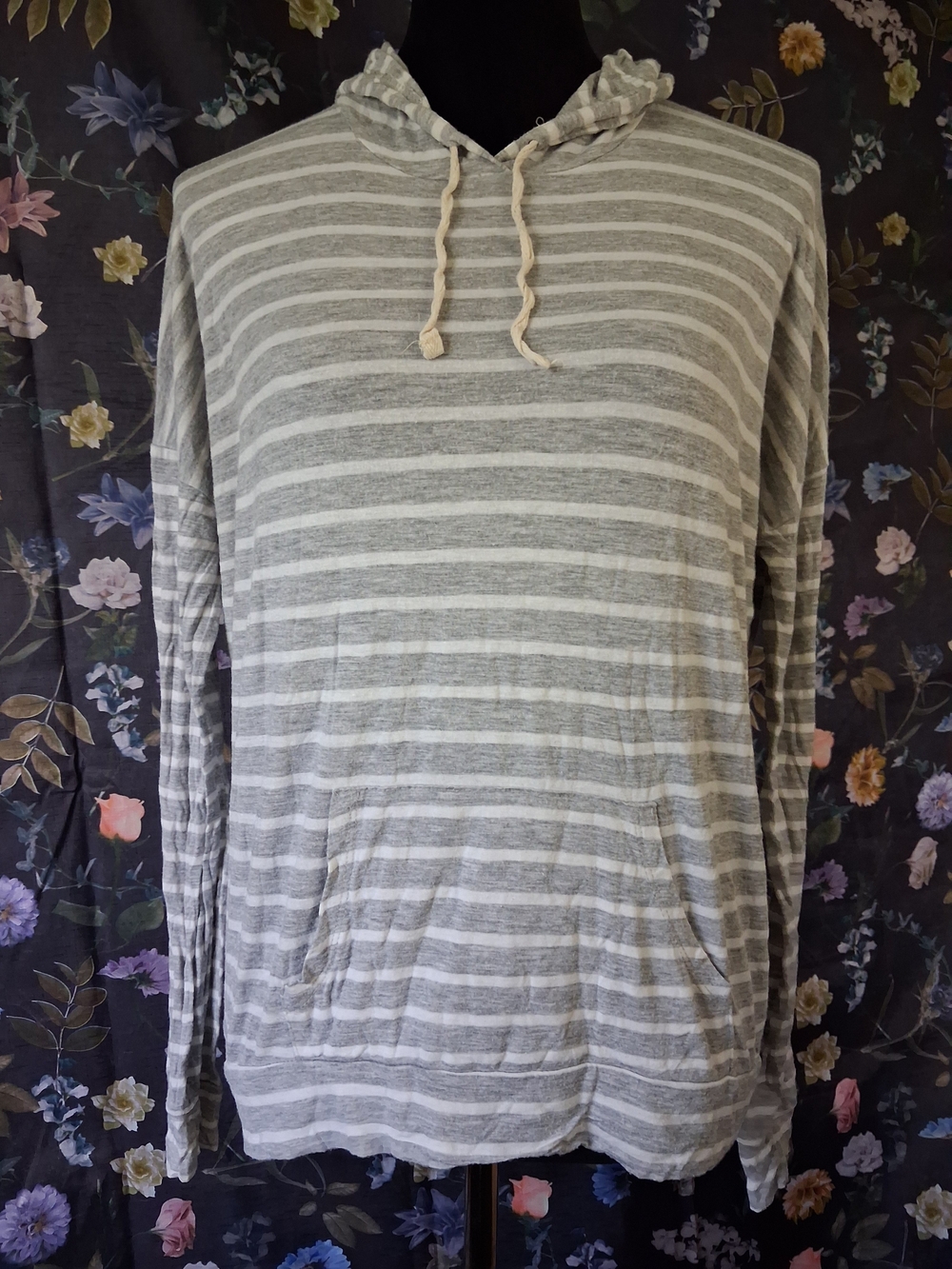 Pink Rose Women's Gray & White Striped Lightweight Hooded Top